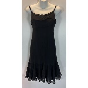 VTG Y2K Black Silk flounced Midi Dress sz‎ 2 PT Fairy Grunge whimsy goth witchy